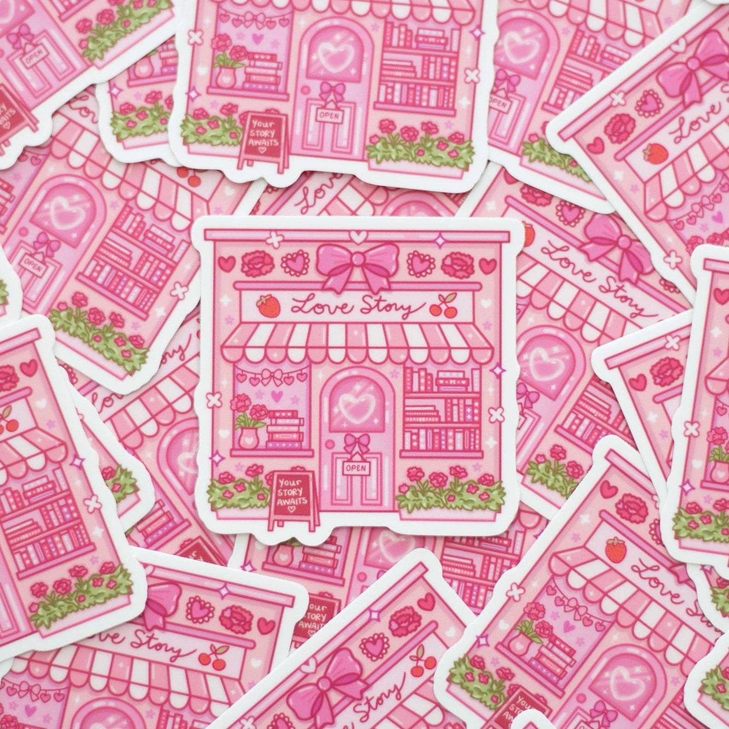 Pink 'Love Story' building stickers on a pink background