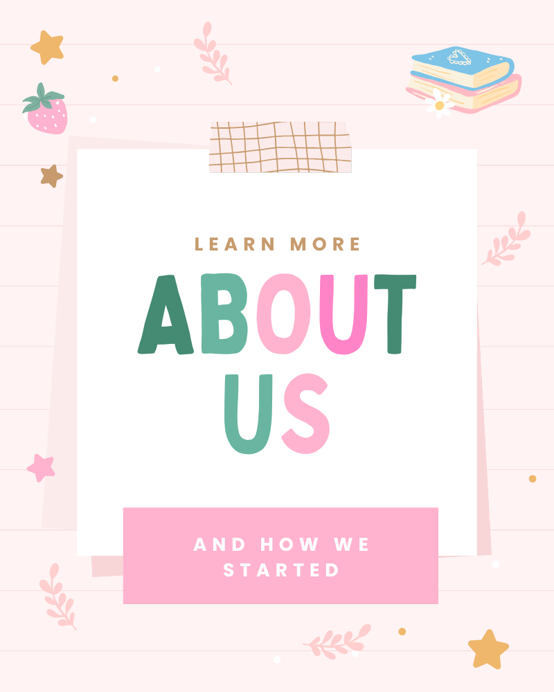 Pastel-colored text 'Learn More About Us and How We Started' on a light pink background with decorative elements.