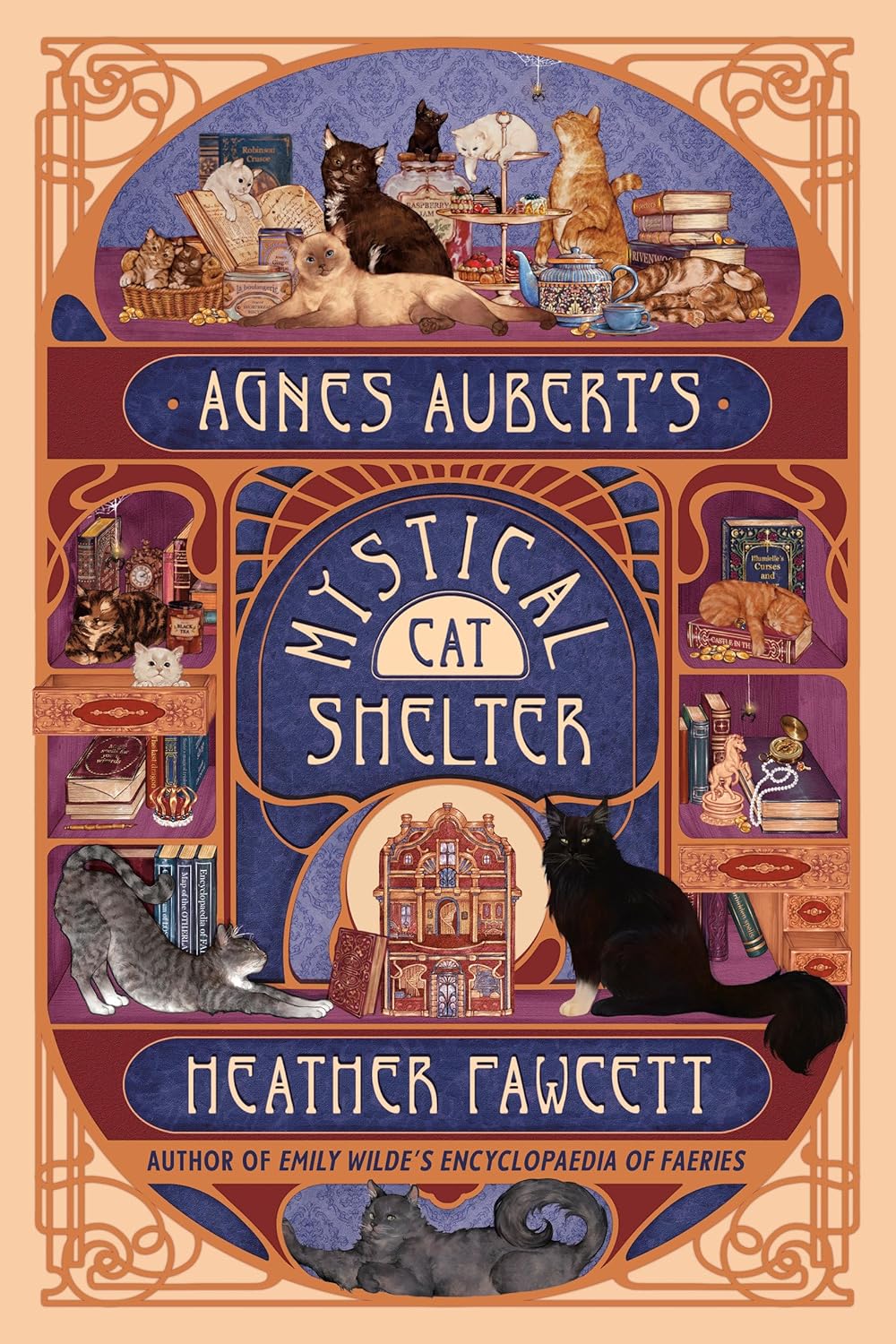 Book cover of 'Agnes Aubert's Mystical Cat Shelter' with cats and books.