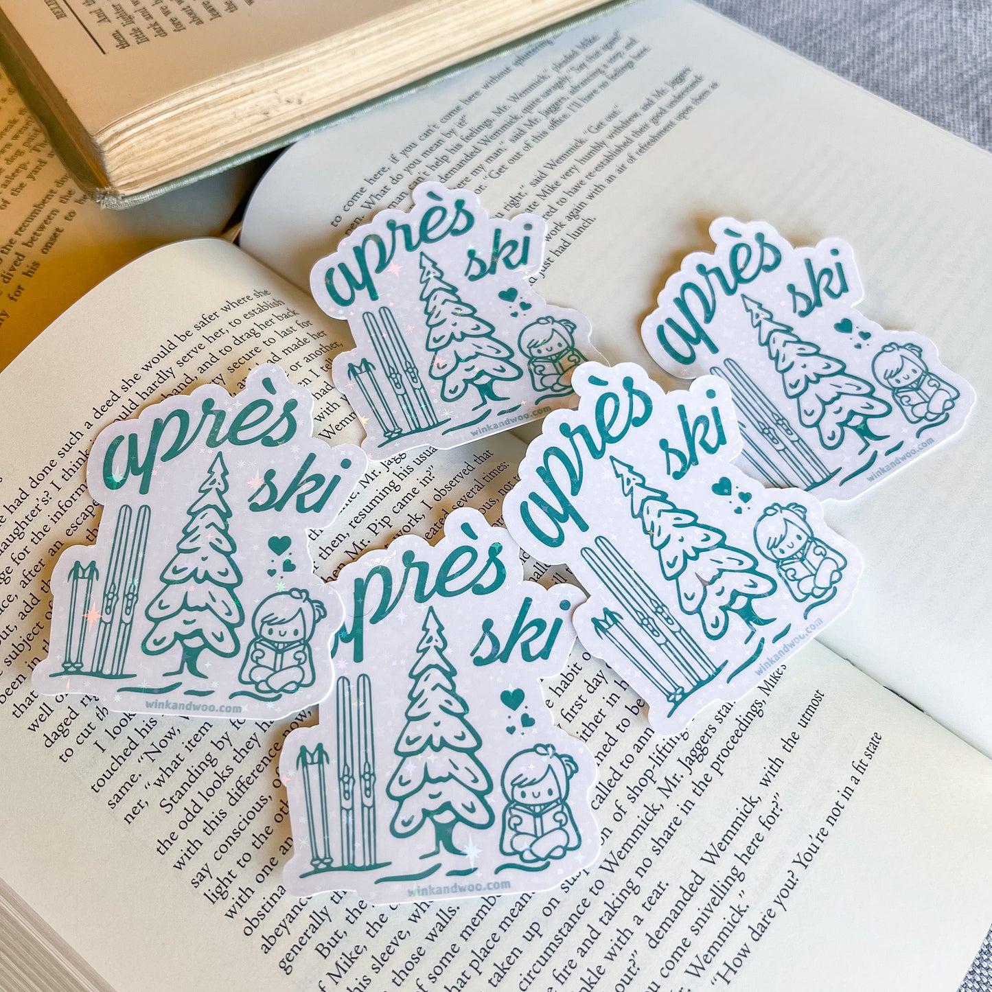 Set of 'apres ski' themed stickers on an open book