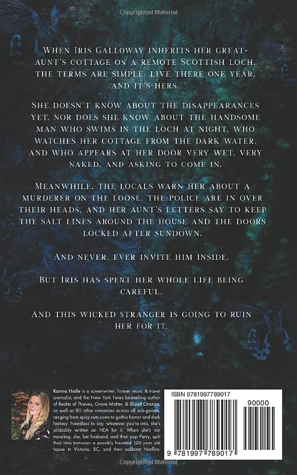 Back cover of the book, featuring a dark, moody background with white synopsis text, a barcode, ISBN 9781990778900, and a small author portrait in the bottom left corner.