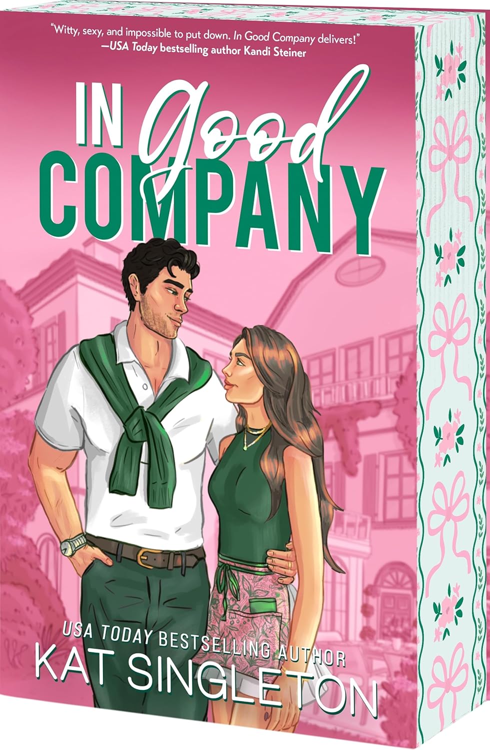 Book cover of 'In Good Company' by Kat Singleton with a pink background and couple illustration.
