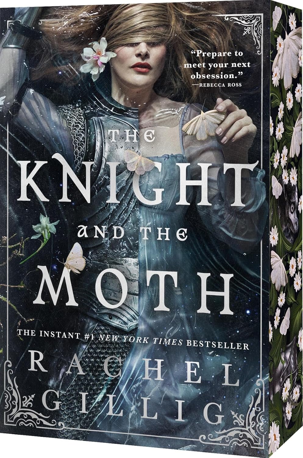 Book cover of 'The Knight and the Moth' by Rachel Gillig with a woman's face partially obscured by flowers.