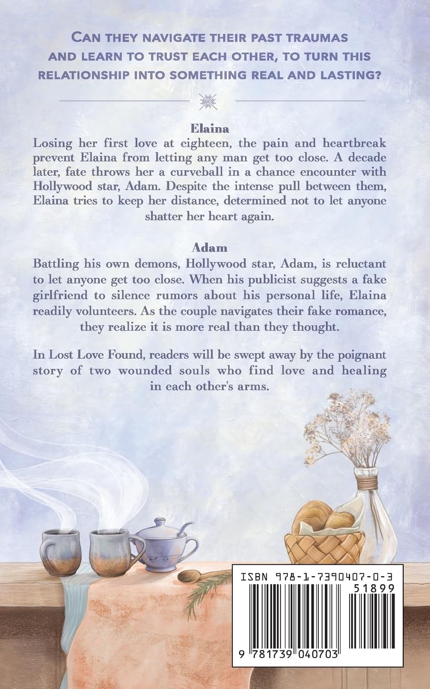 Book back cover with text and a decorative scene of a table with mugs and flowers.