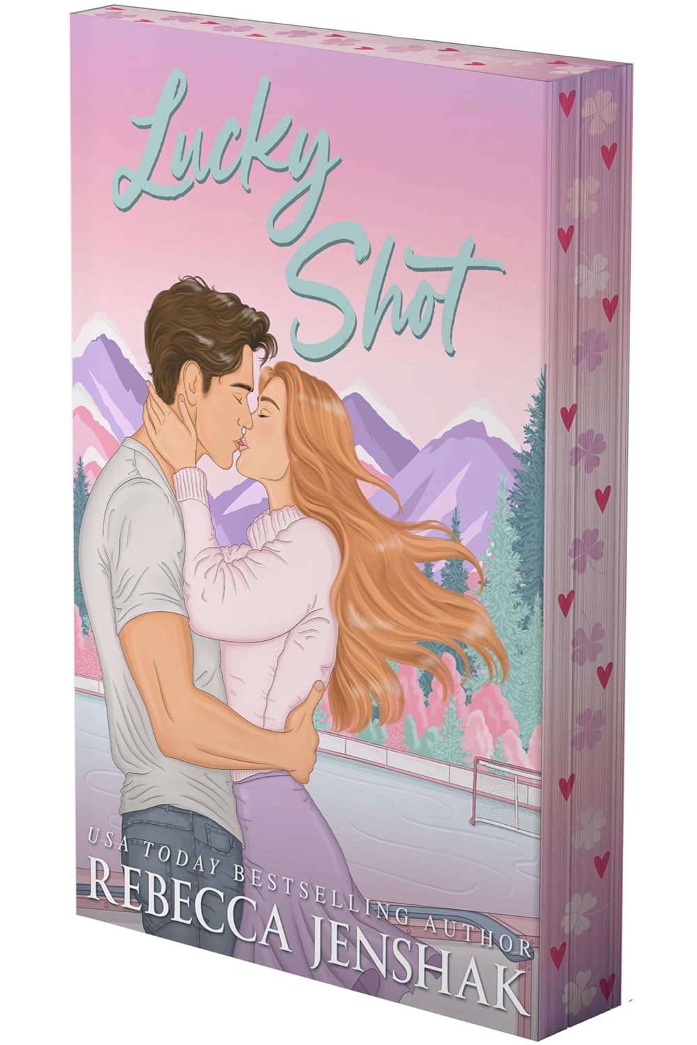 Book cover of 'Lucky Shot' by Rebecca Jenshak with a couple embracing and hearts on a pink background.