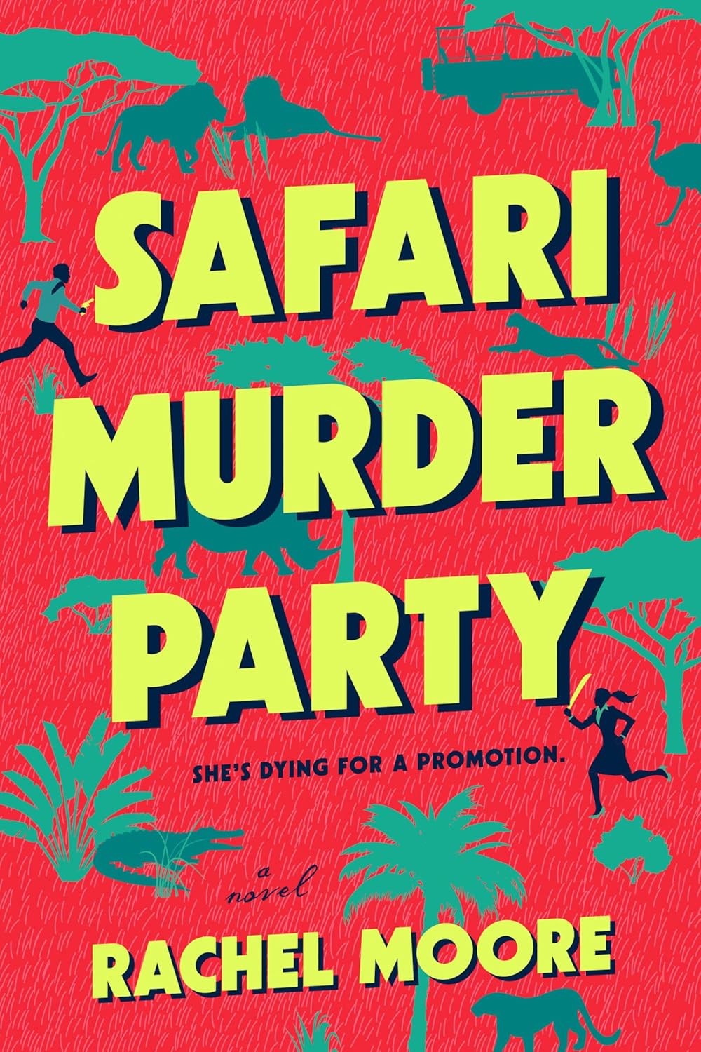 Book cover of 'Safari Murder Party' with colorful text and silhouettes on a red background