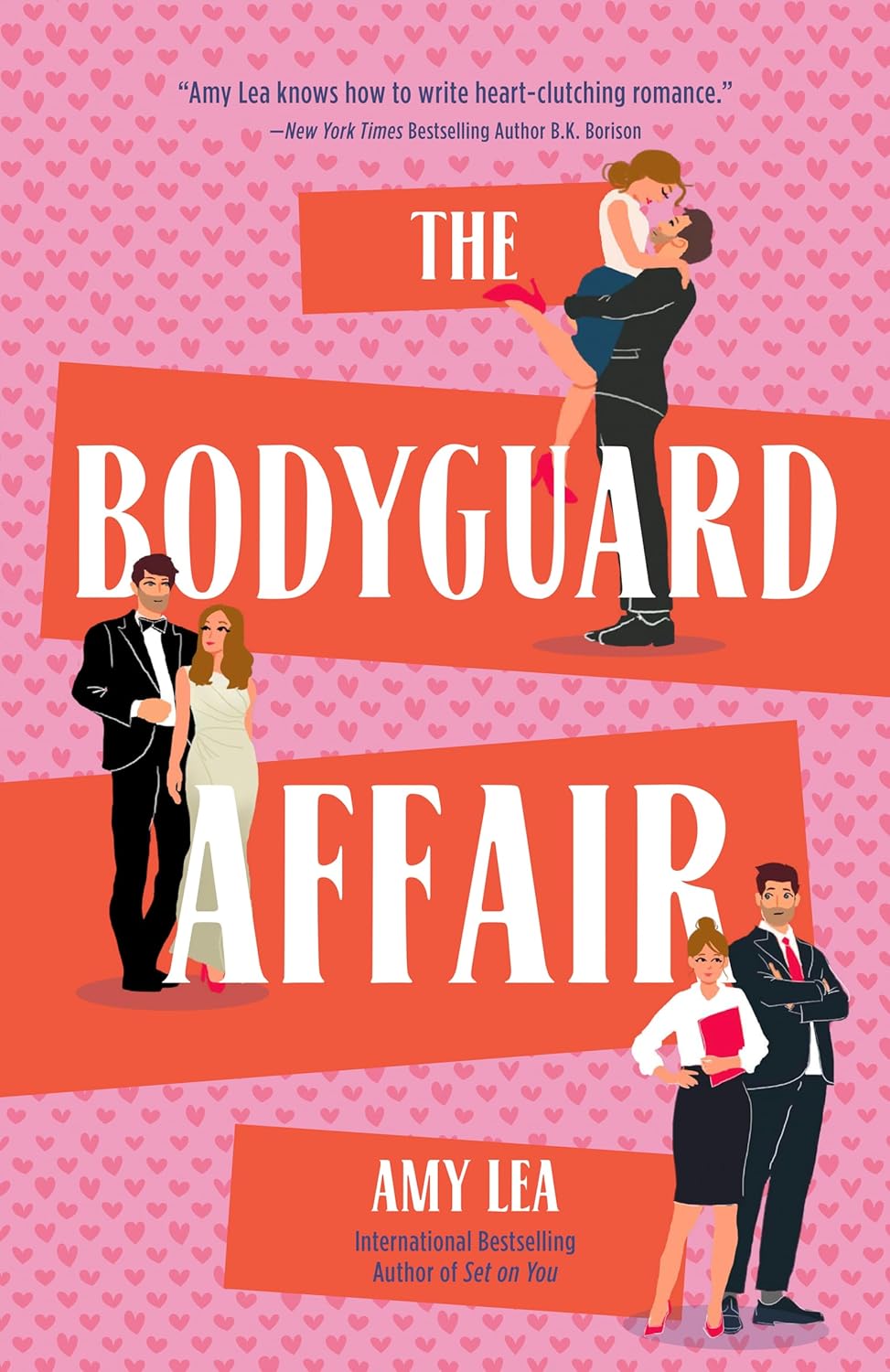 Book cover of 'The Bodyguard Affair' with romantic illustrations and pink background.