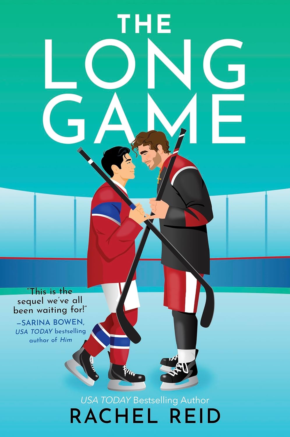 Book cover of 'The Long Game' featuring two hockey players on an ice rink.