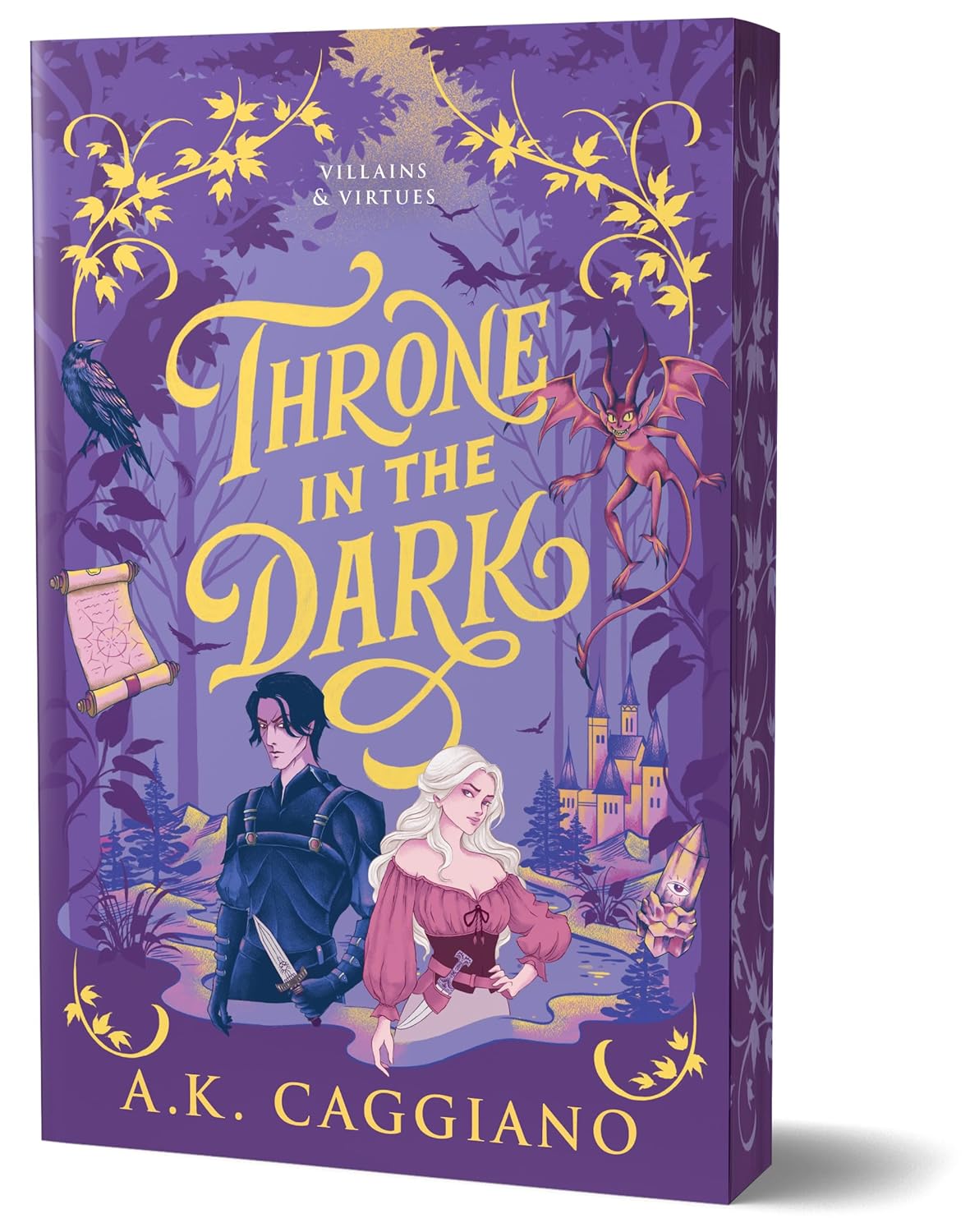 Book cover of 'Throne in the Dark' with purple background and characters illustration