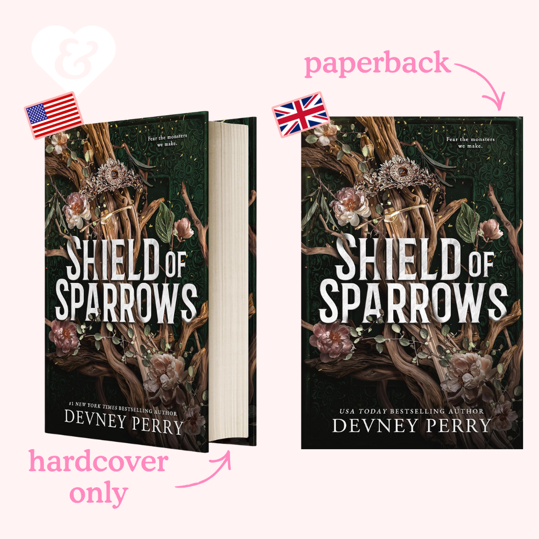 Book cover of 'Shield of Sparrows' by Devney Perry with a comparison between hardcover and paperback editions.