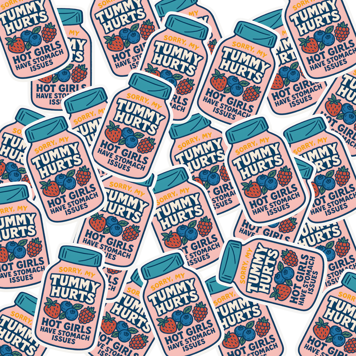 Pattern of 'Tummy Hurts' stickers with text and graphics on a white background