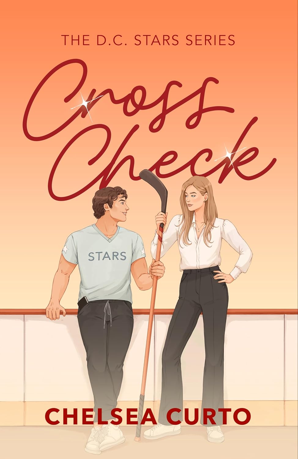 Book cover for 'Cross Check' by Chelsea Curto, featuring an illustrated man and woman in a hockey-themed setting against a peach-to-orange gradient background.