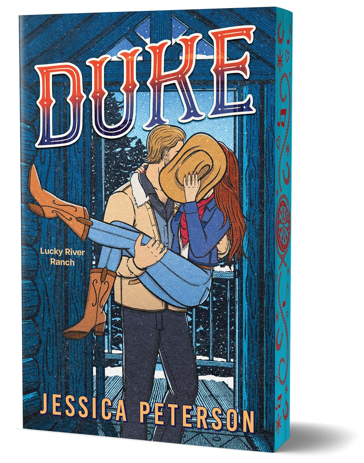 Book cover of 'Duke' by Jessica Peterson with a couple embracing and a cowboy hat.