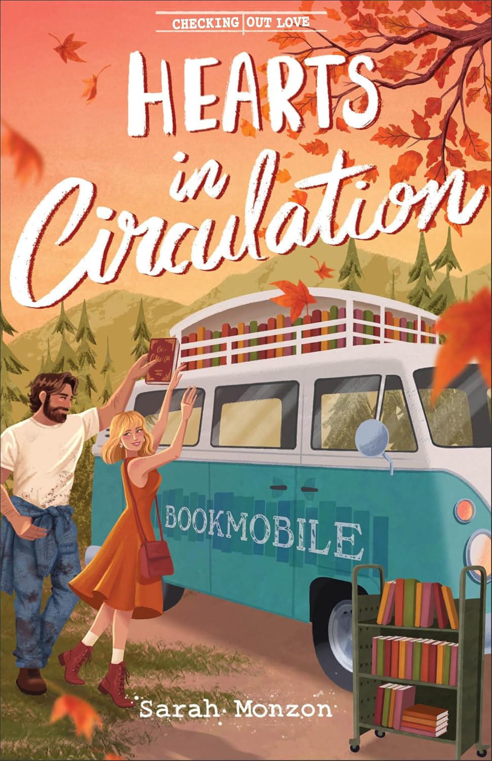 Book cover of 'Hearts in Circulation' with a bookmobile and two people in front