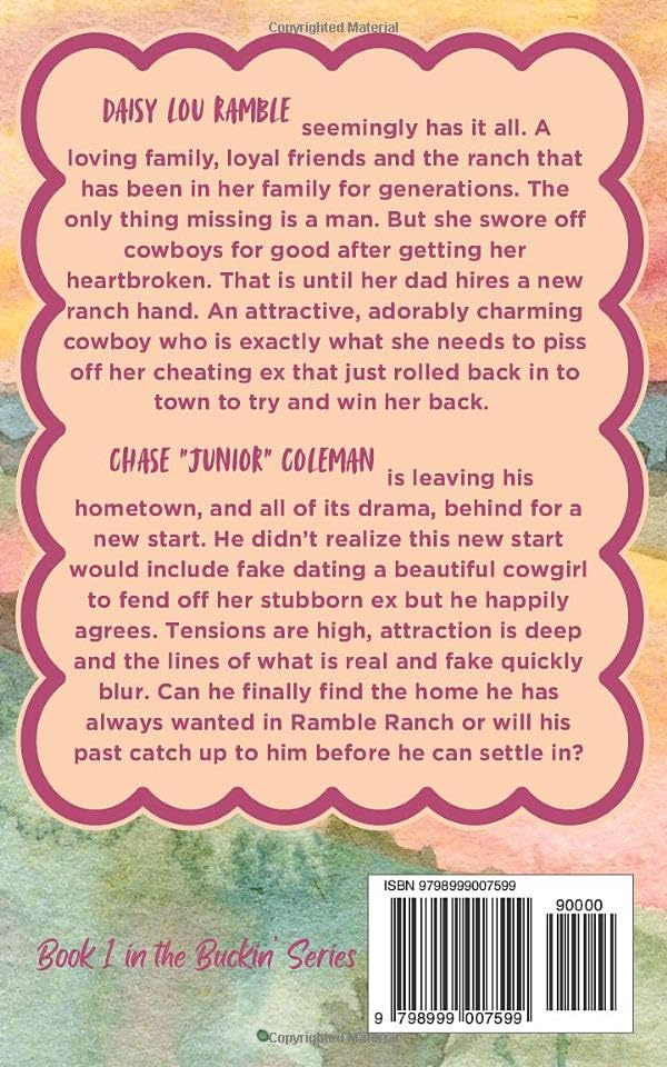 Book back cover, featuring a large pink heart-shaped border around two character summaries on a pastel multicolor background with a barcode at the bottom.