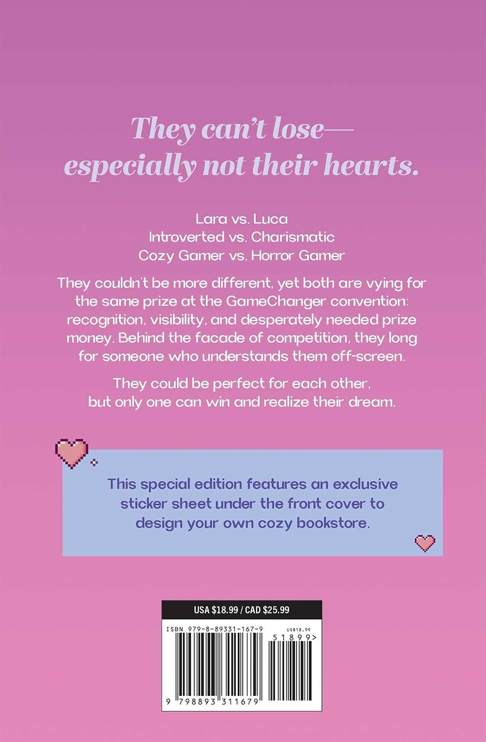 Back cover of a book or booklet on a pink background, with white title text, descriptive copy, a light blue box containing a sticker order message, and a barcode at the bottom.