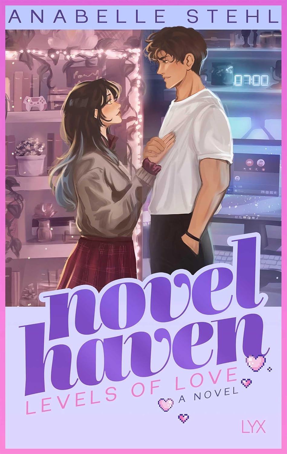 Book cover for 'novel haven: Levels of Love' by Anabelle Stehl, featuring an illustrated anime-style couple in a cozy room, with large purple title text and a pink border.