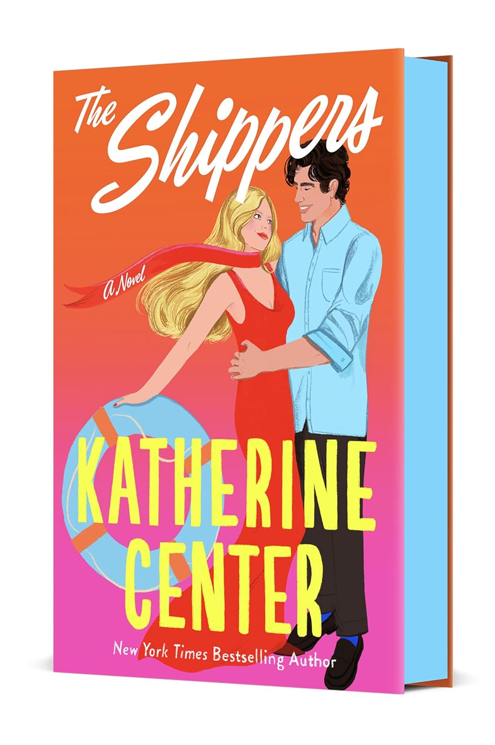 Book cover of 'The Shippers' by Katherine Center with a colorful design featuring a couple and a ball.