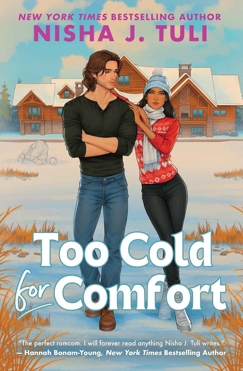 Book cover of 'Too Cold for Comfort' featuring two people standing in a snowy landscape with a cabin in the background.