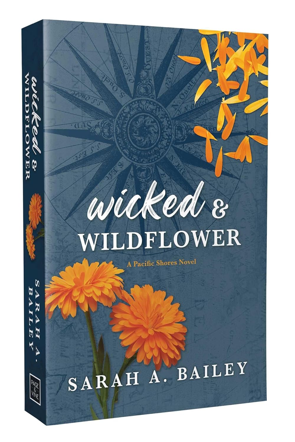 Book cover of 'Wicked & Wildflower' by Sarah A. Bailey with orange flowers on a blue background
