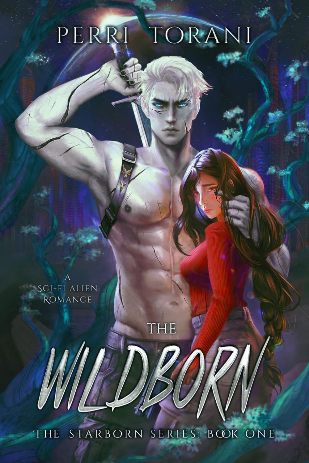 Book cover for 'The Wildborn: The Starborn Series, Book One' by Perri Torani, featuring a muscular pale blond man holding a sword and a red-haired woman in a red dress against a dark fantasy forest background.