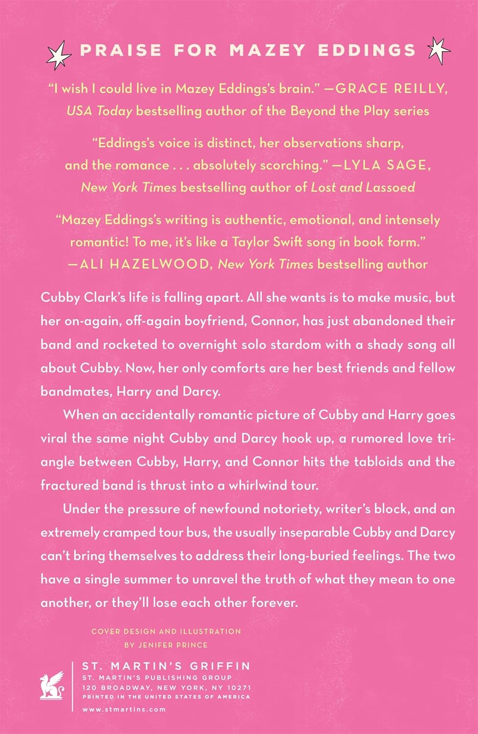 Pink book page with praise for Mazey Eddings' work, featuring quotes from bestselling authors.