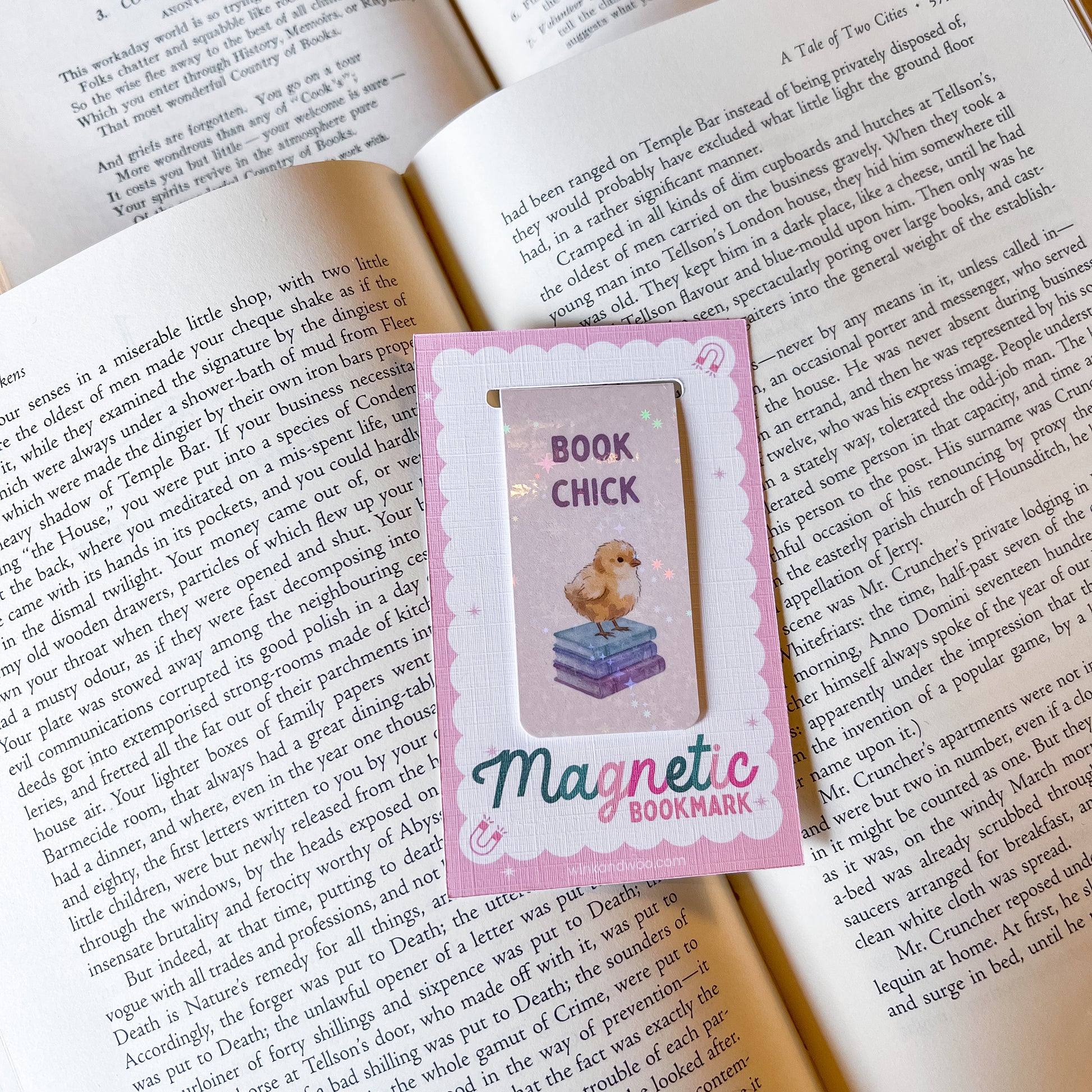 Magnetic bookmark with 'Book Chick' design on an open book