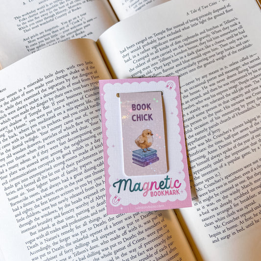 Magnetic bookmark with 'Book Chick' design on an open book