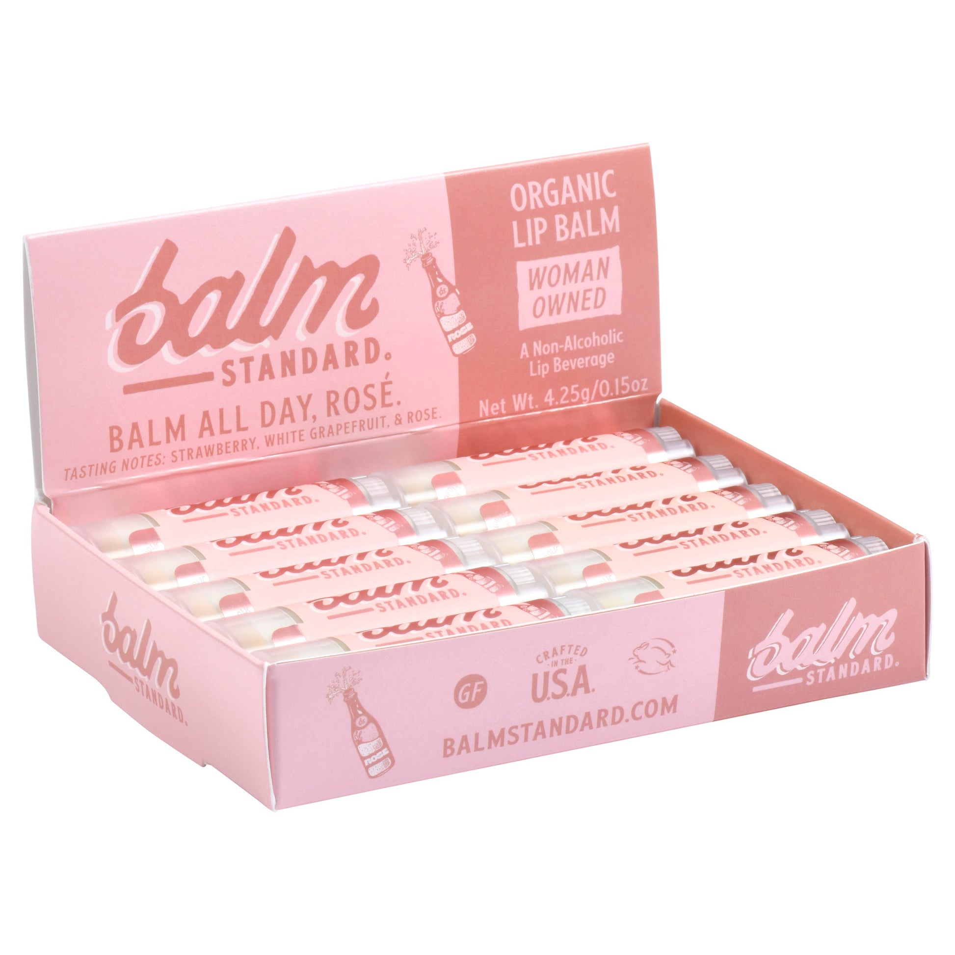 Box of 'The Balm' lip balm with pink packaging on a white background