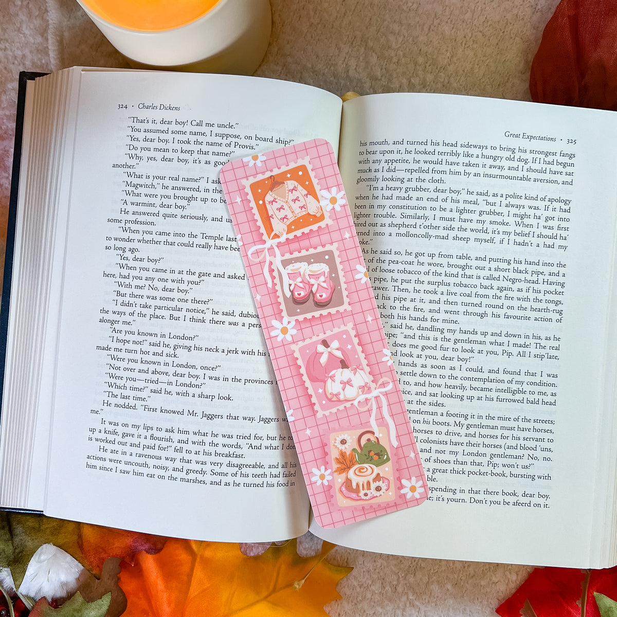 Pink Cozy Coquette Autumn Stamps Bookmark (Velvet) – Handmade
