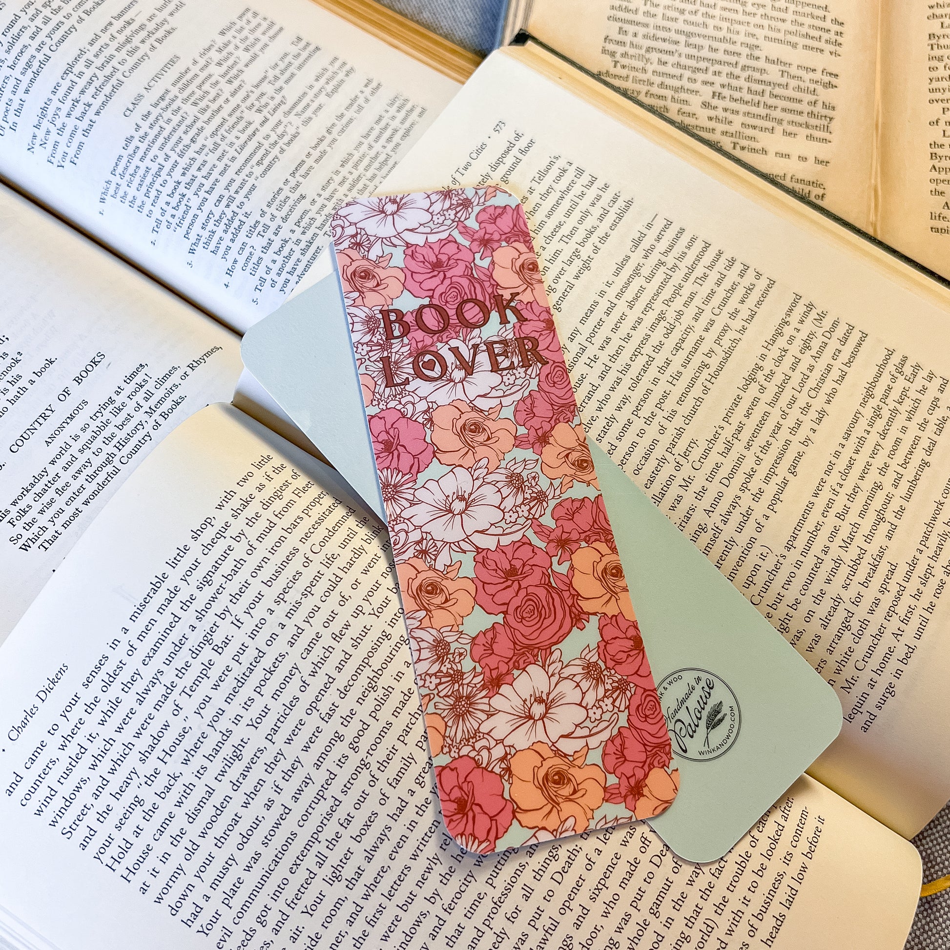 Floral bookmark with 'Book Lover' text on an open book