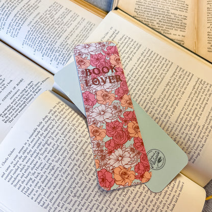 Floral bookmark with 'Book Lover' text on an open book