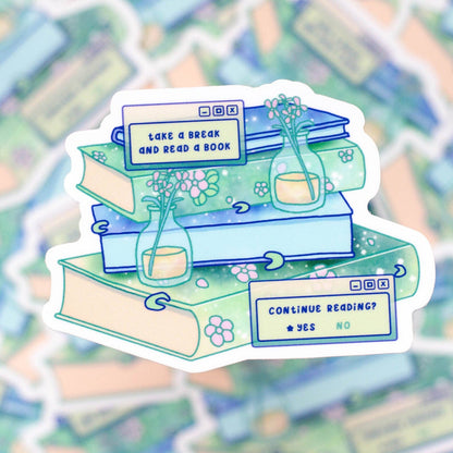 Sticker with books and flowers design on a colorful background