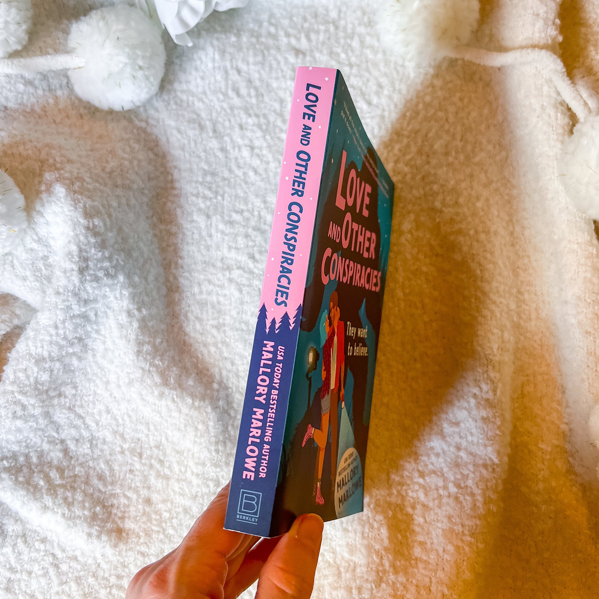 Book titled 'Love and Other Conspiracies' held against a textured white and brown background