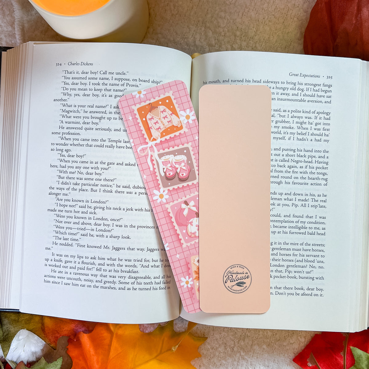 Pink Cozy Coquette Autumn Stamps Bookmark (Velvet) – Handmade