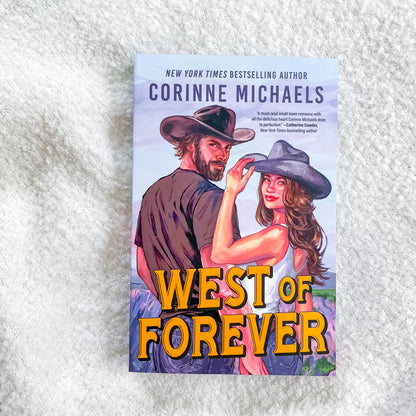 Book cover of 'West of Forever' by Corinne Michaels on a textured white surface