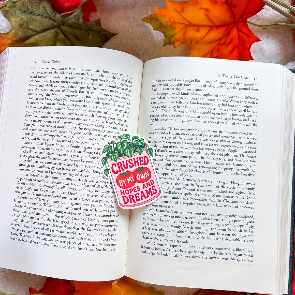 An open book spread photographed from above on a brown textured surface. The left page has black text and a red-and-white sticker reading 'CRUSHED BY MY OWN DREAMS AND DREAMS.
