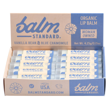 Display box of Balm Standard organic lip balm with vanilla bean and blue chamomile flavor.
