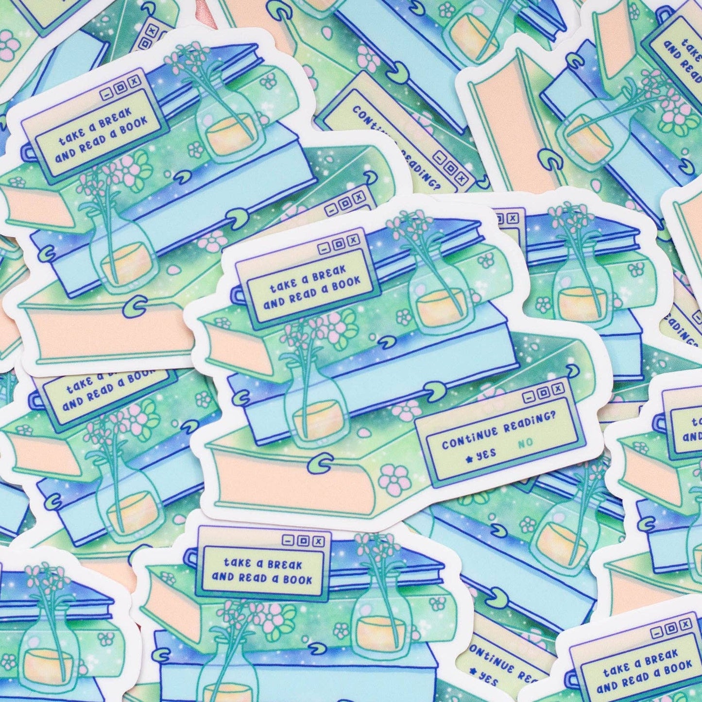 Pattern of stickers with book-themed designs and text on a light blue background.