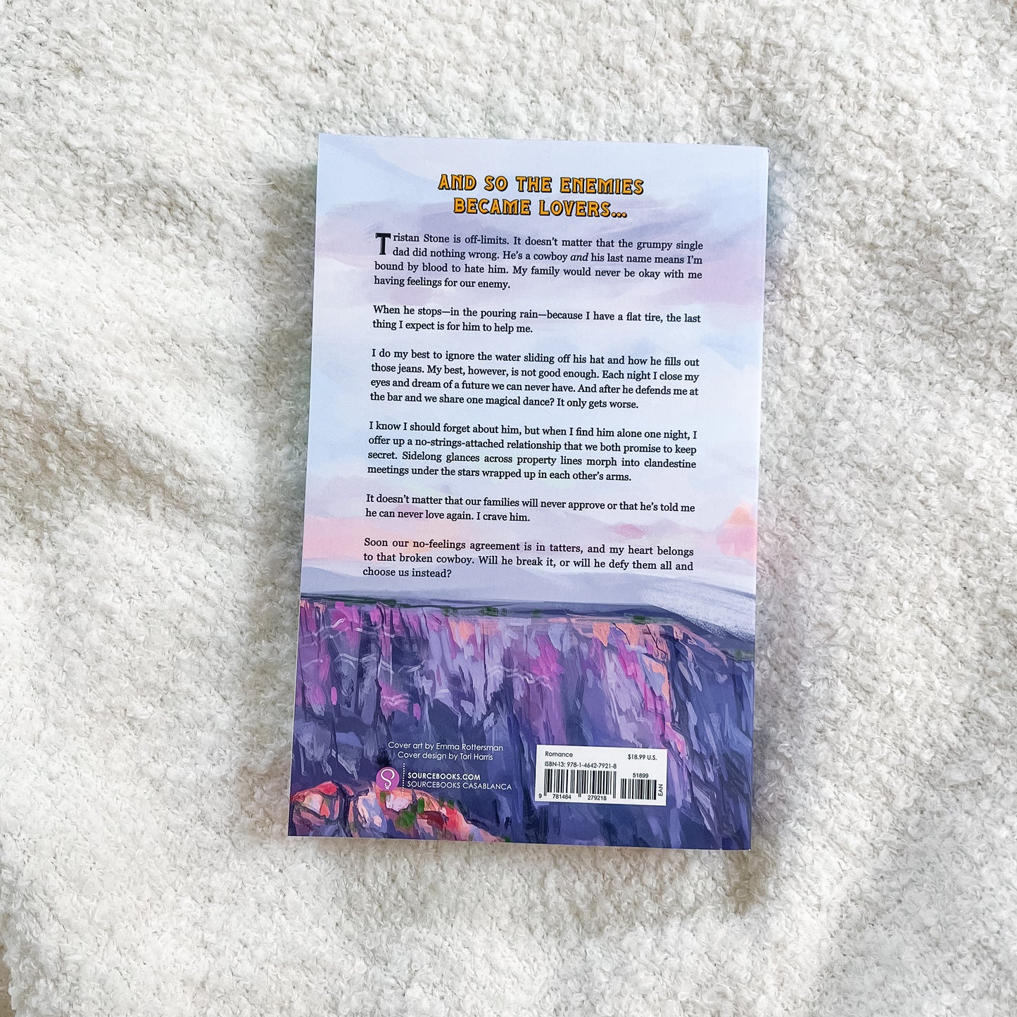 Book back cover with text and colorful design on a textured surface