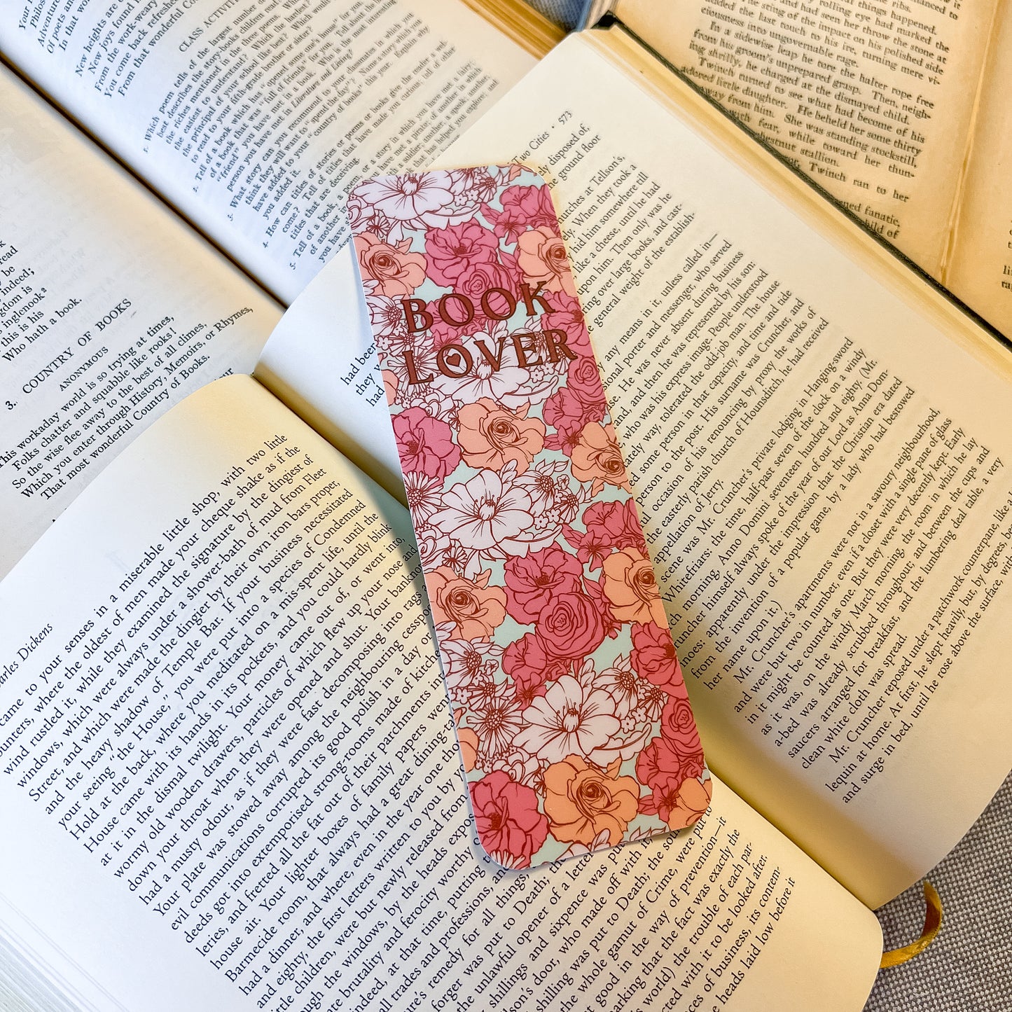 Floral bookmark with 'Book Lover' text on an open book