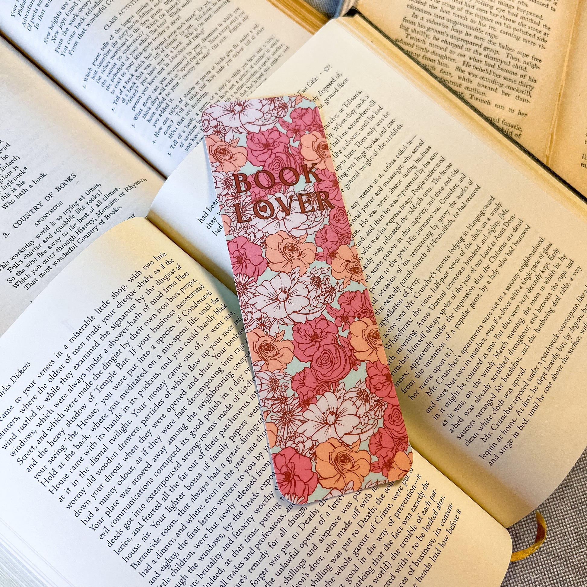 Floral bookmark with 'Book Lover' text on an open book
