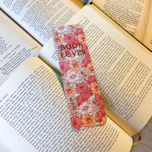 Floral bookmark with 'Book Lover' text on an open book