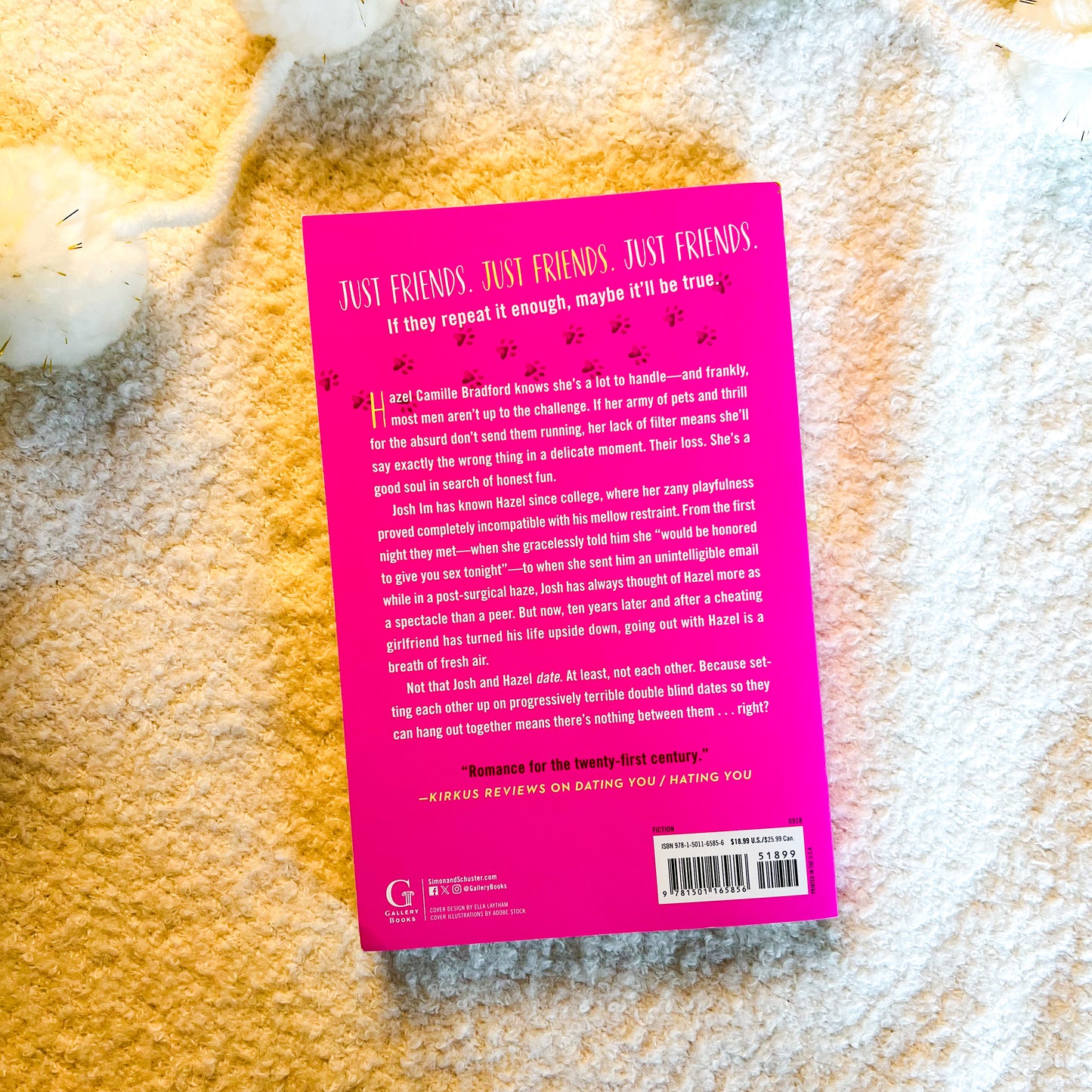 The back cover of the book 'Just Friends, Just Friends, Just Friends' by Camilla Bradford, displayed flat on a textured beige fabric background.