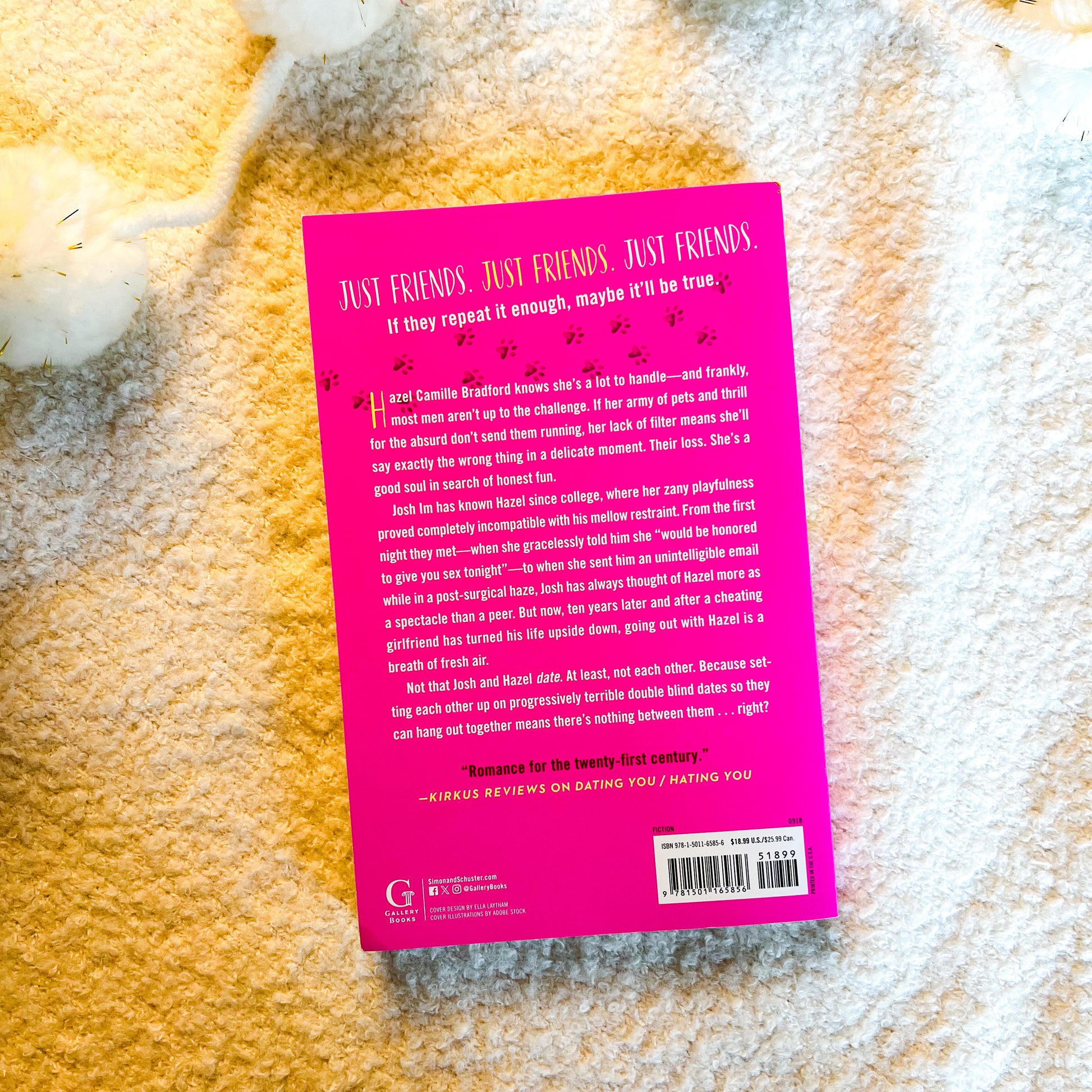 The back cover of the book 'Just Friends, Just Friends, Just Friends' by Camilla Bradford, displayed flat on a textured beige fabric background.