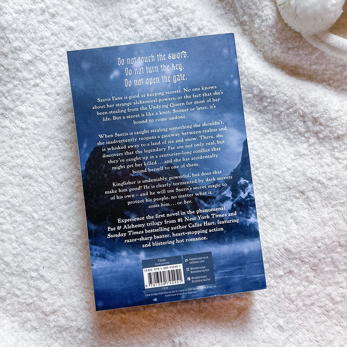 The back cover of a book, photographed flat on a white textured blanket next to a white plush toy. The cover features a dark blue background with white text and a small blue-and-white illustration at the bottom.