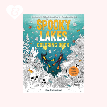 Spooky Lakes Coloring book cover by Geo Rutherford, featuring an illustrated underwater scene with divers, skulls, and spooky structures on a pale pink background.