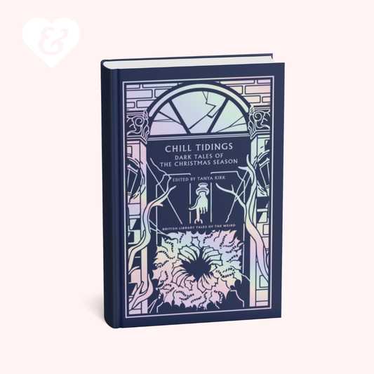 A hardcover book titled 'Chill Tidings: Dark Tales of the Christmas Season' by Santa Sek, standing upright on a pale pink background. The cover features a dark navy blue background with a stylized stained-glass window illustration in pale pink, lavender, and light blue tones, showing a figure in a snowy archway and a large flower-like motif at the bottom.