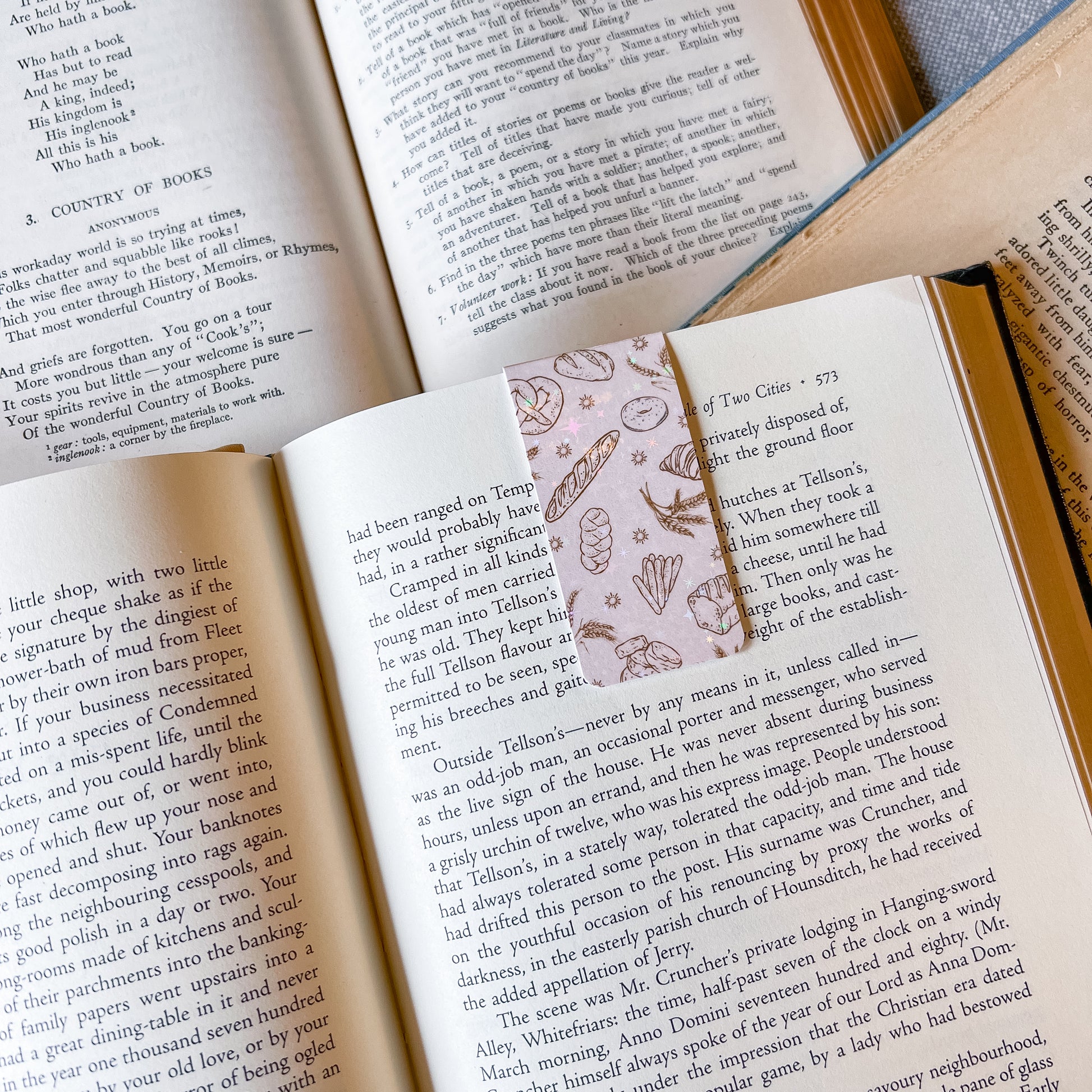 Open book with a decorative bookmark featuring nature-themed illustrations.