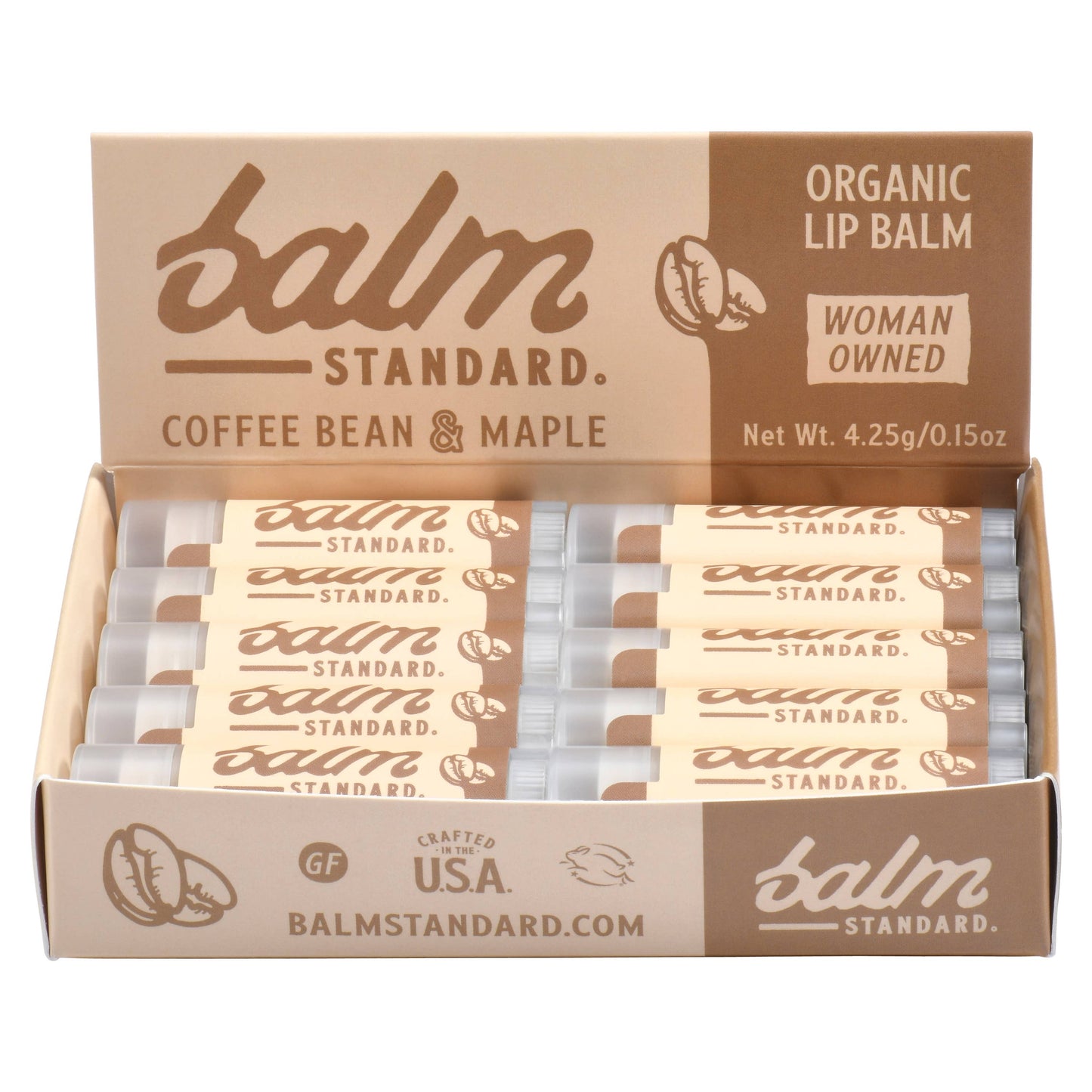Balm Standard Coffee Bean & Maple organic lip balm in a retail display box, showing multiple individually wrapped balm tubes inside.